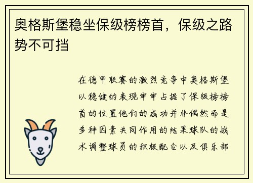 奥格斯堡稳坐保级榜榜首，保级之路势不可挡